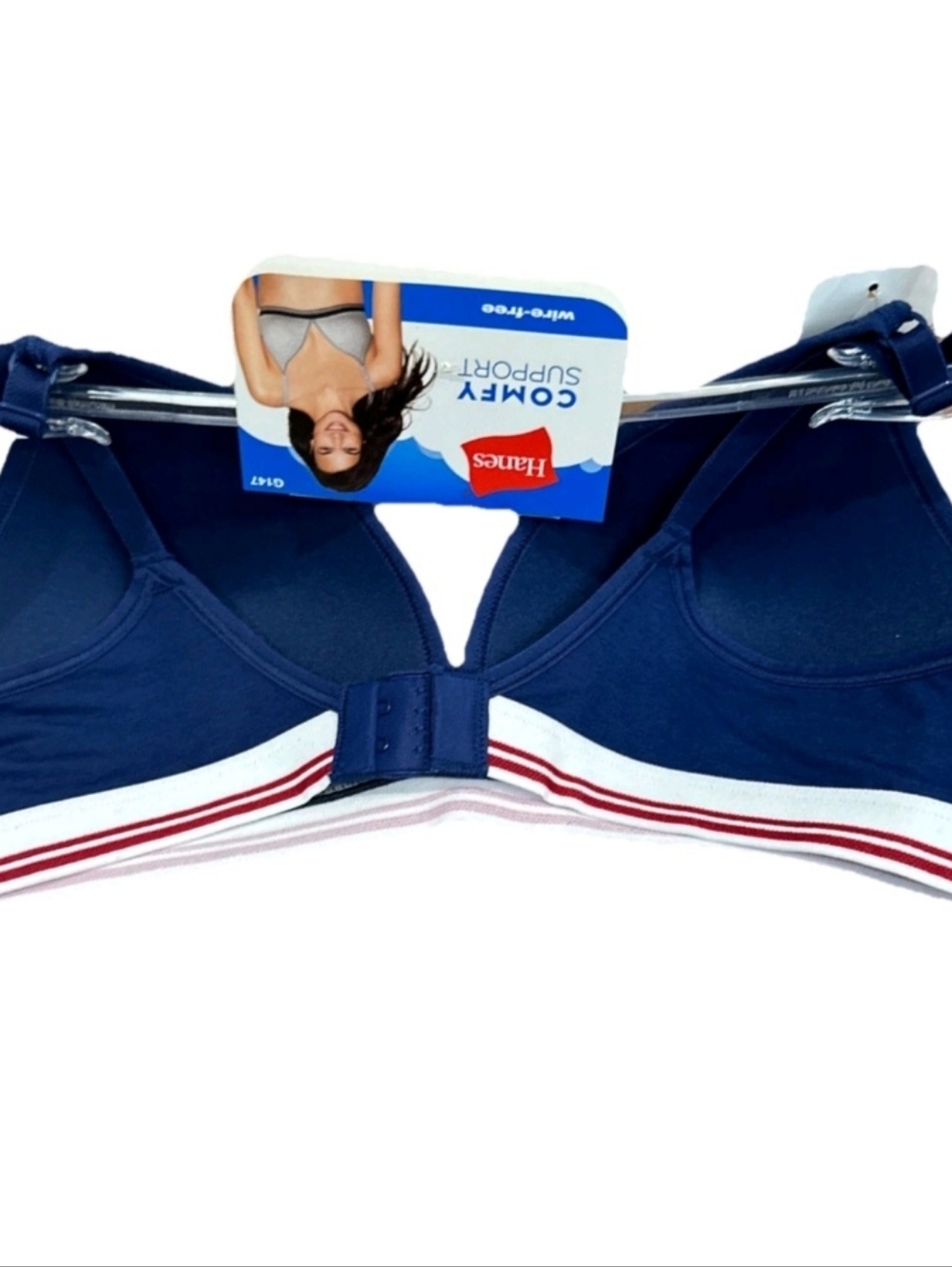 Hanes Navy Wireless Bra with White & Red Stripe Band - Picture 3 of 5